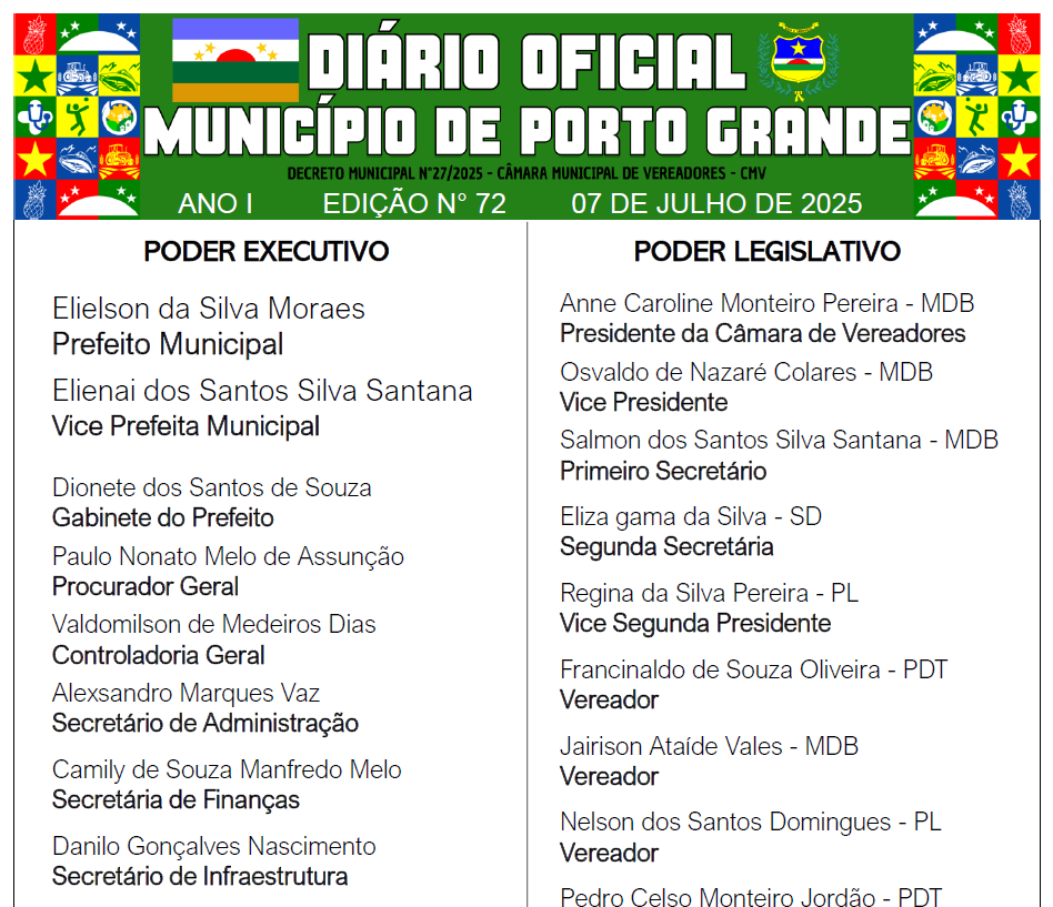 DIÁRIO OFICIAL - EDIÇÃO N° 72 - 07 DE JULHO DE 2025